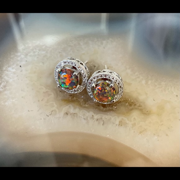 Sterling silver fire opal stud earrings cz halo NEW October Birthstone - Picture 3 of 9